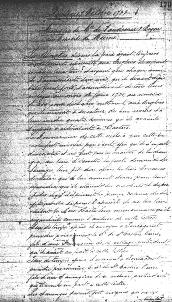 Cette transcription de recherche de BAC est la version française du document français de 17 octobre 1722 traduit en anglais qui a été utilisé par Emma Lewis Coleman en 1925 pour son livre. Le prénom  du jeune Petitpas n'a pas été mentionné. Elle pensait que Isidore Petitpas, le jeune homme dans le document de 17 octobre 1722  était Barthélemy Petitpas.