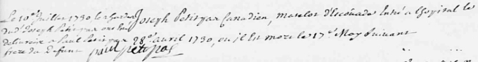 Extrait hyperlien du registre de la mort de Joseph Petitpas en 1730