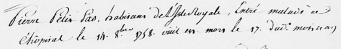 Hyperlinked excerpt of the register about the death of Pierre Petitpas in 1758