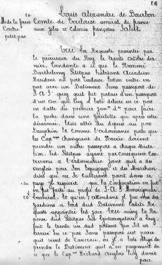 Ce document de recherche de la Cour française est daté du 4 novembre, 1721 est au sujet de Barthélemy Petitpas.