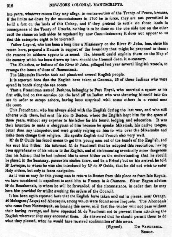 Ce document en 1722 de cette recherche, traduit du français a été utilisé par Emma Lewis Coleman en 1925 pour son livre. Le prénom de le jeune Petitpas n'a pas été mentionné. Elle pensait que Isidore Petitpas, le jeune homme était Barthélemy Petitpas.