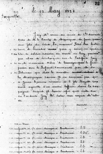 Documents français qui ont été rechercher pour identifier le 1722 jeune Petitpas et deux de ses premiers frères qui étaient exilés par la France en 1722 et 1728. Isidore Petitpas, Joseph Petitpas and Paul Petitpas.