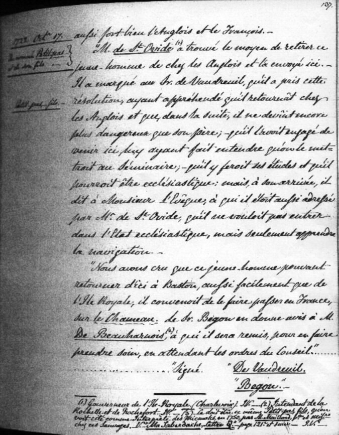 Extrait d'une dépêche de M. Vaudreuil et Begon au Ministre, le 17 octobre, 1722 à propos Isidore Petitpas.