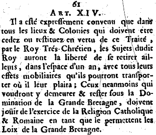 Extrait hyper lié d'un document en ligne français à NML de l'article XIV du Traité d'Utrecht de 1713