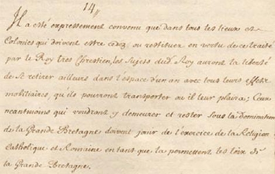 Extrait hyper lié d'un document en ligne français à Archives Canada-France de l'article XIV du Traité d'Utrecht de 1713